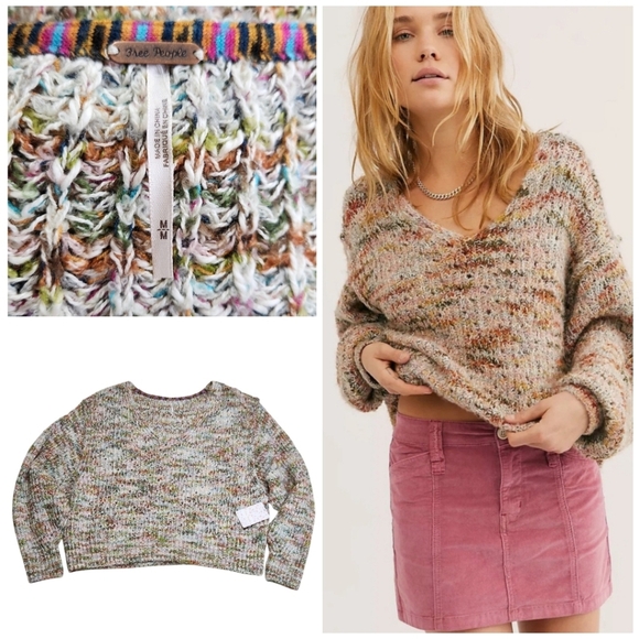 FREE PEOPLE NWT Highland V Sweater in Neutral Combo Sz Med OB1010992 Chunky Cozy - Picture 1 of 15
